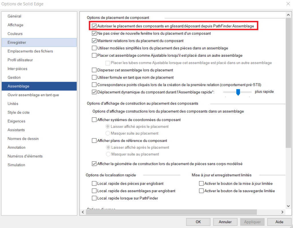 Emplacement de l'option de contrôle du placement par cliquer/glisser